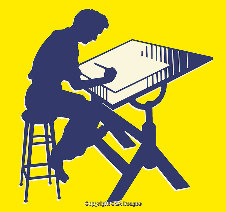 Silhouette of Artist Working at Drafting Table on Yellow Background