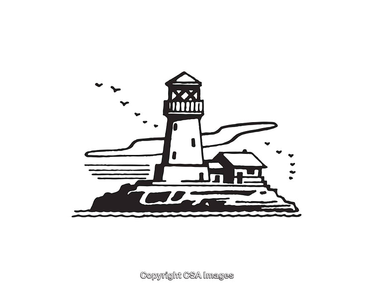 Black and White Illustration of a Lighthouse on a Rocky Shore
