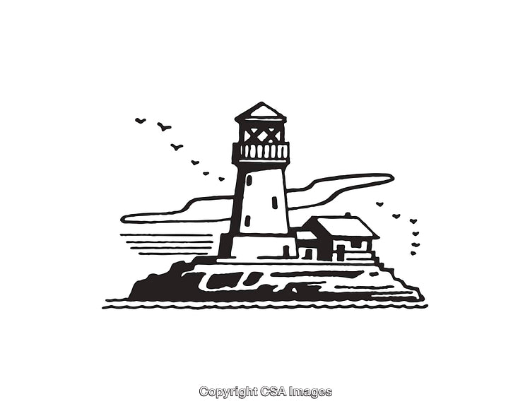 Black and White Illustration of a Lighthouse on a Rocky Shore