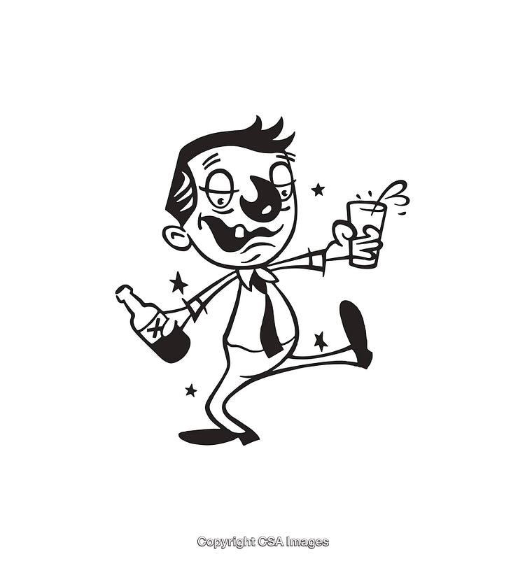 Humorous Black and White Line Art of Drunk Man Staggering with Bottle