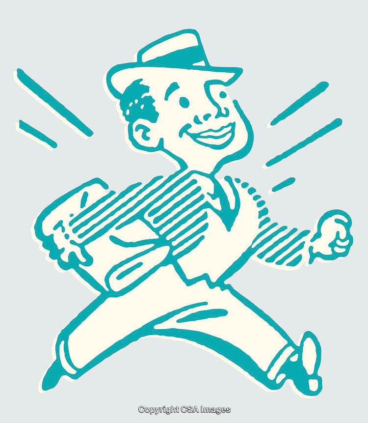 Retro Illustration of a Happy Man Rushing to Work