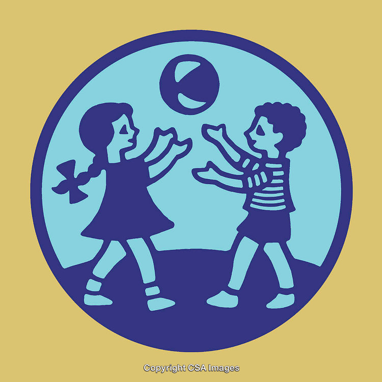 Colorful Illustration of Children Playing Ball in a Circular Design