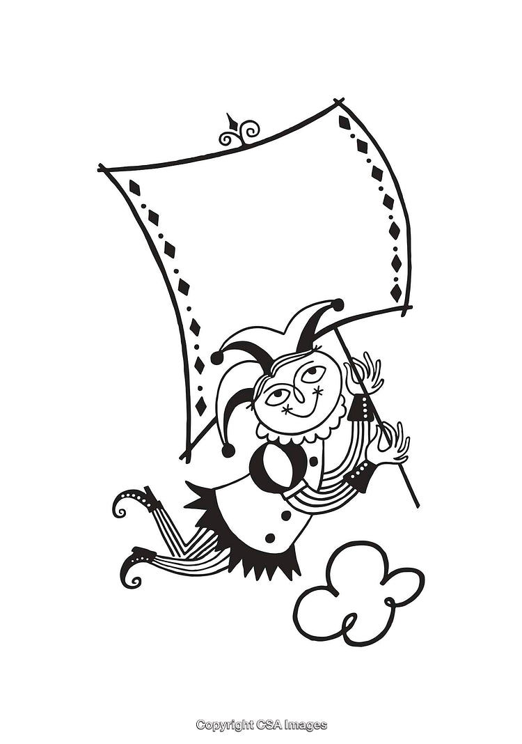 Black And White Line Art of A Jester With A Flag Illustration