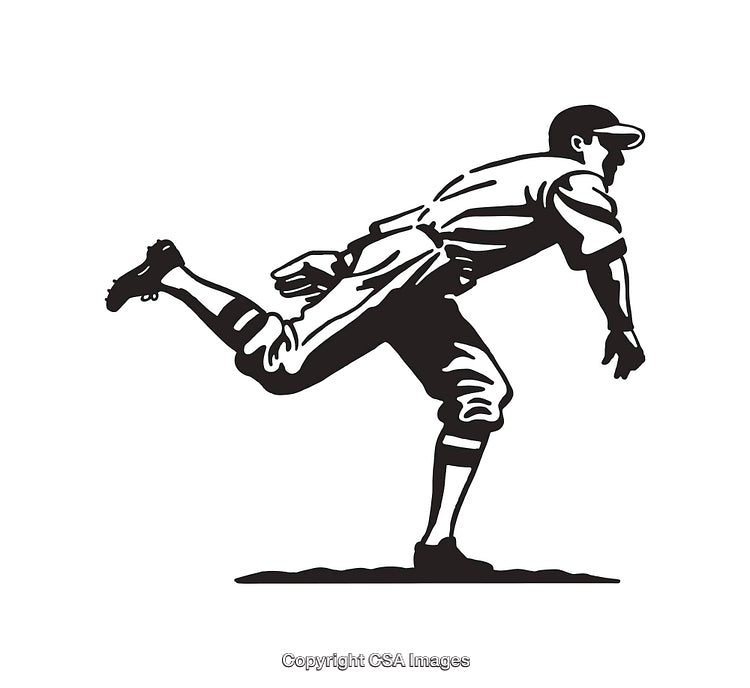Vintage Baseball Player Throwing Pitch in Black and White Line Art