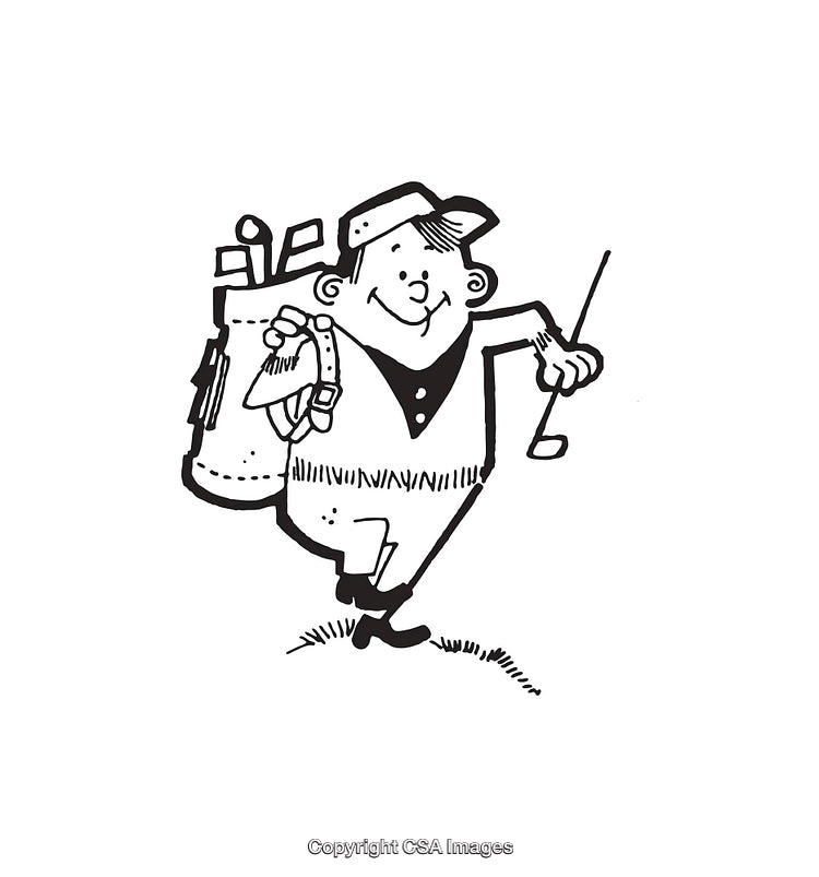 Cartoon Person Golfing with Clubs in a Black and White Illustration
