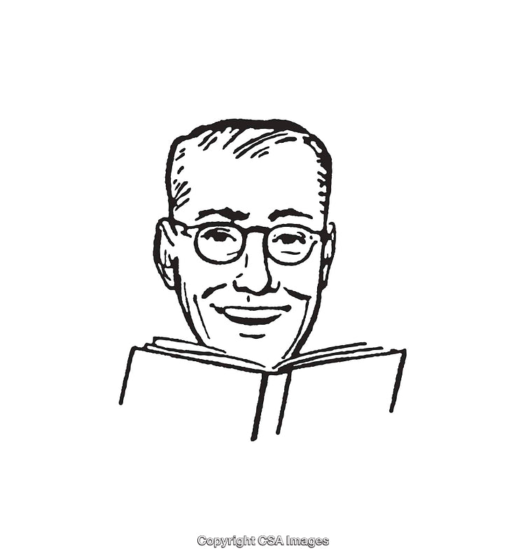 Black and White Line Drawing of a Man Smiling While Reading