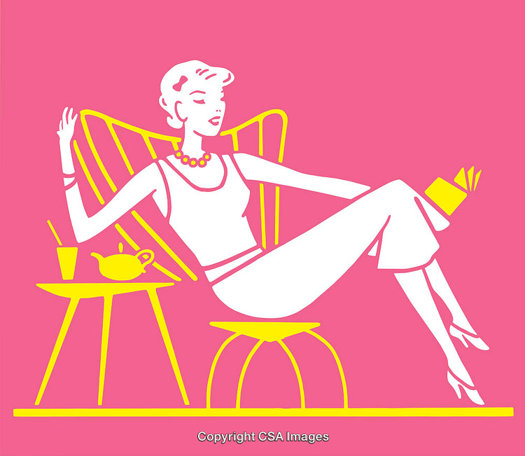 Stylized Retro Illustration of a Relaxing Woman with Tea