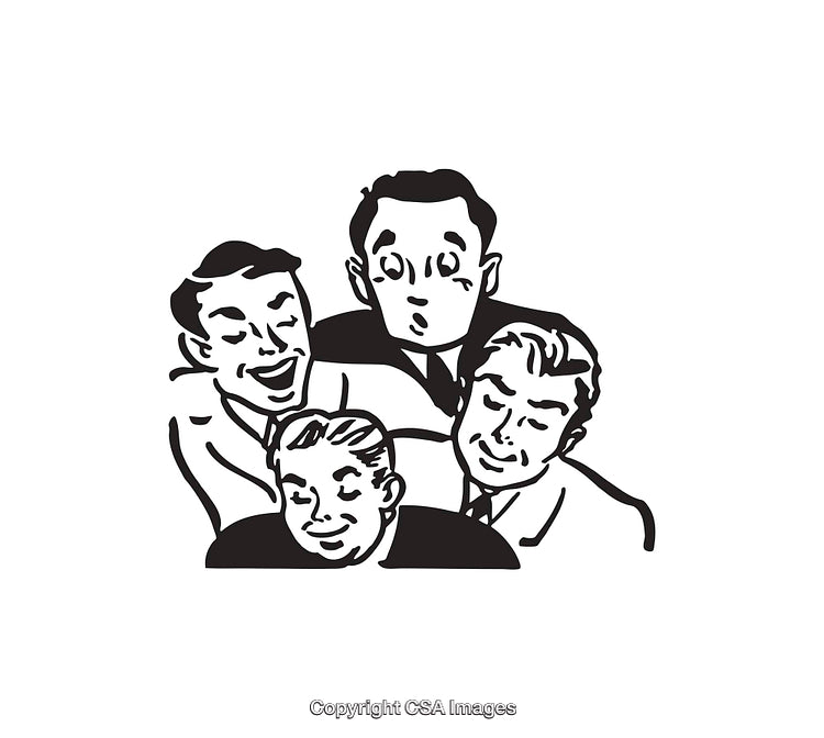Black and White Line Art of Happy Group of Four Faces