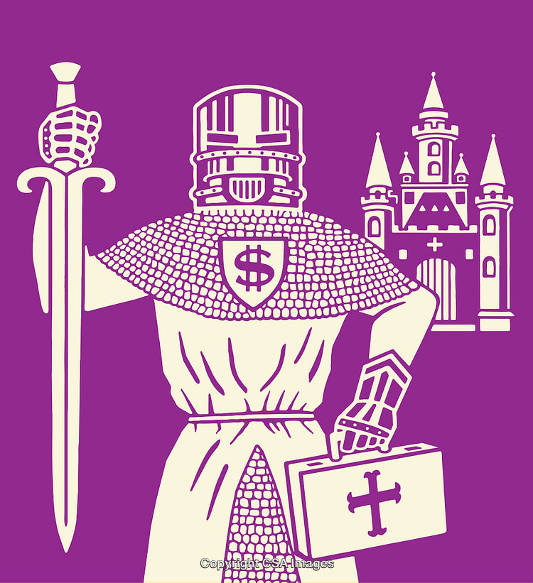 Knight Holding Sword and Castle in Detailed Purple Line Art