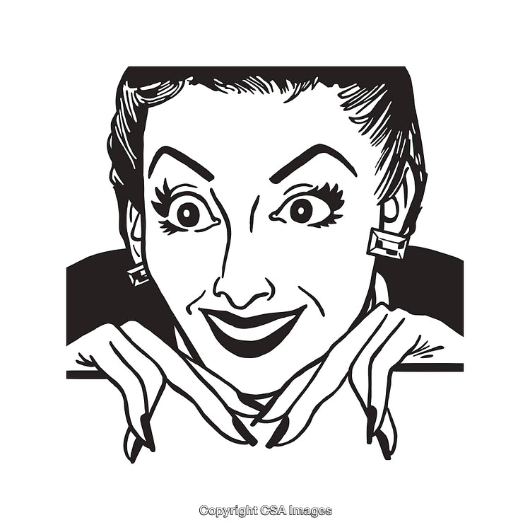 Retro Black and White Illustration of Excited Woman Smiling