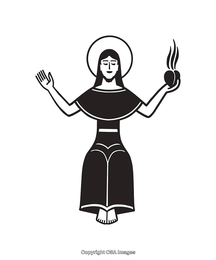 Black and White Line Art Illustration of a Sacred Figure with Heart