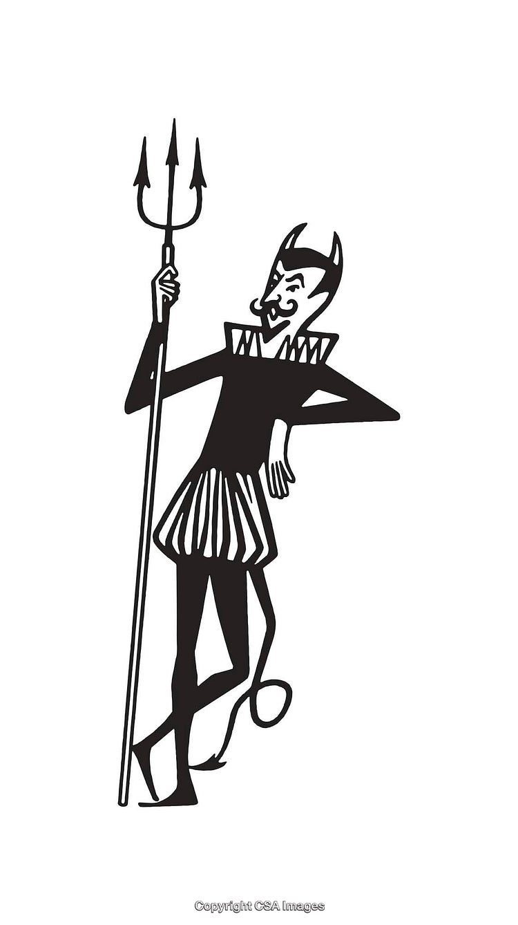 Illustration of a Devil Character Holding a Trident in Line Art Style