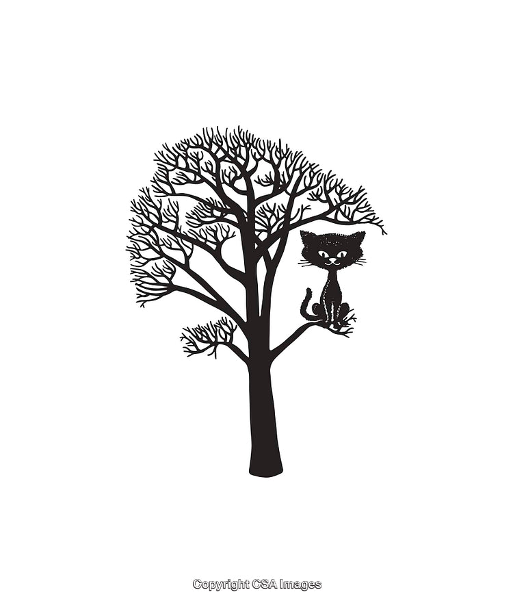Black and White Illustration of a Cat in a Tree Silhouette