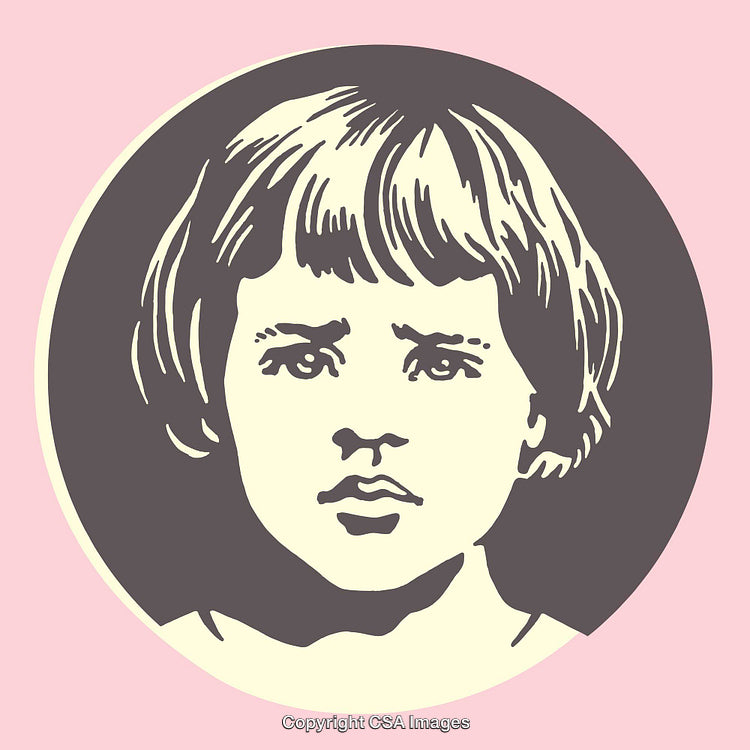 Vintage Illustration of a Melancholic Child in Line Art Style