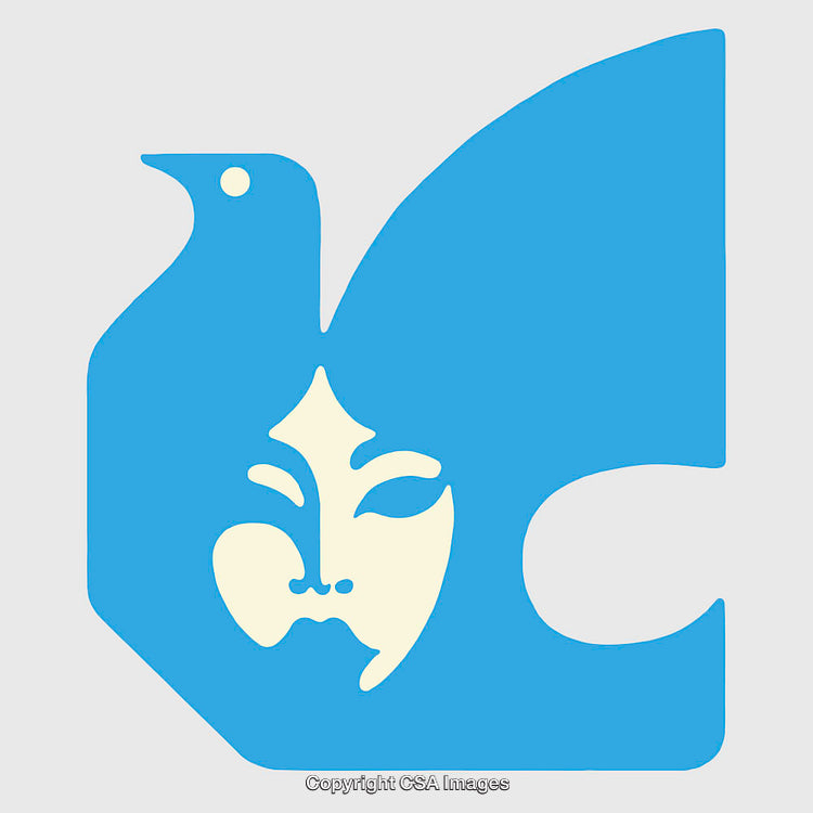 Abstract Artistic Illustration of Dove and Mask in Blue and White Contrast