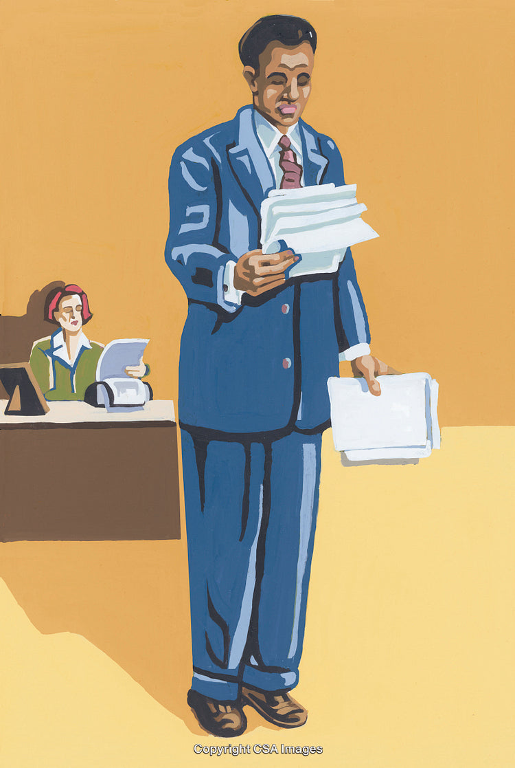 Professionally Dressed Man Reading Papers in an Office Setting Illustration