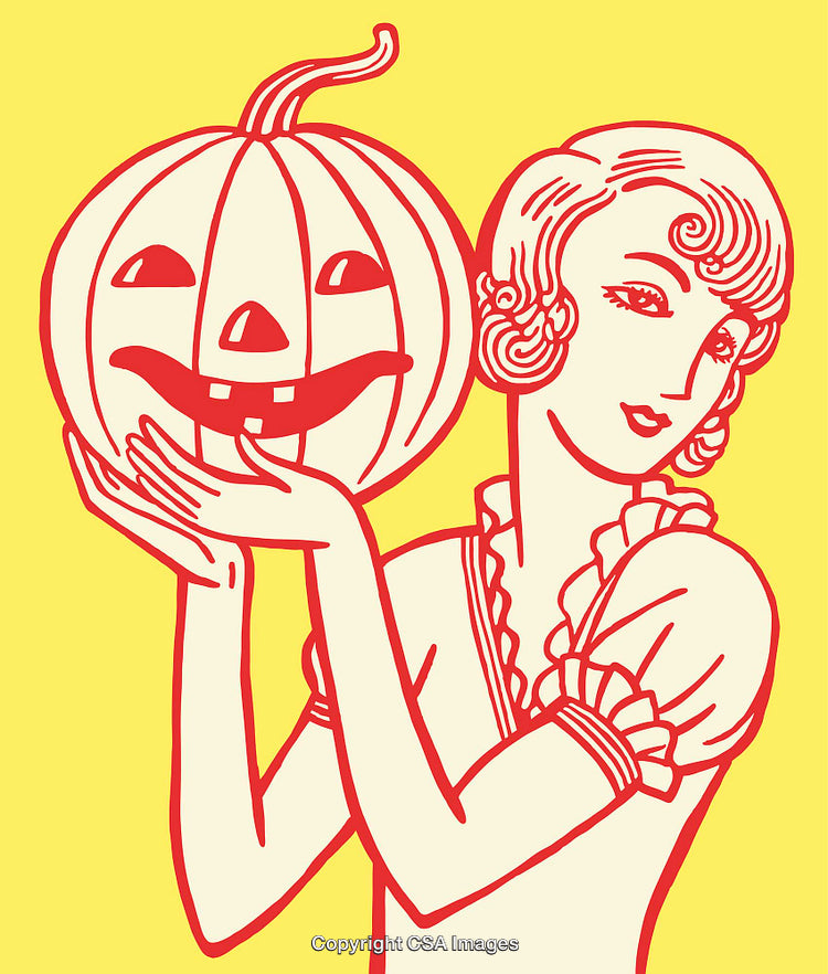 Retro Halloween Illustration Featuring Woman Holding Smiling Jack-O'-Lantern Pumpkin