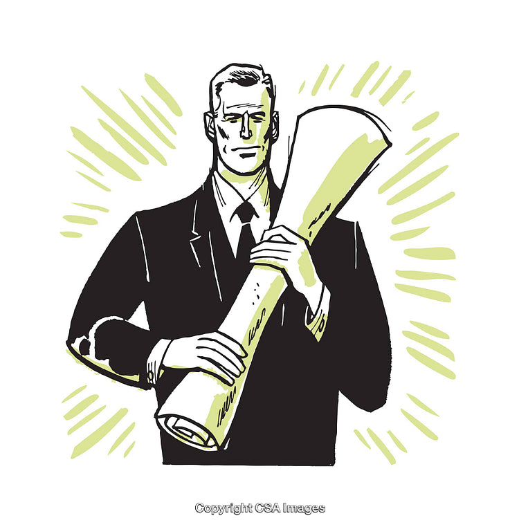 Illustrated Businessman Holding a Document Scroll with Confident Stature