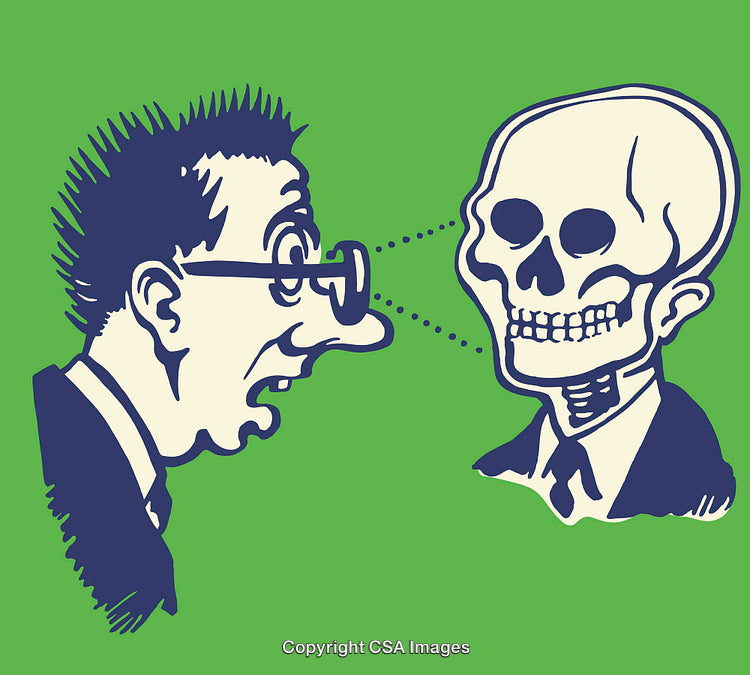 Surreal Interaction Between Skeletal Figure and Stunned Man in Cartoon Style