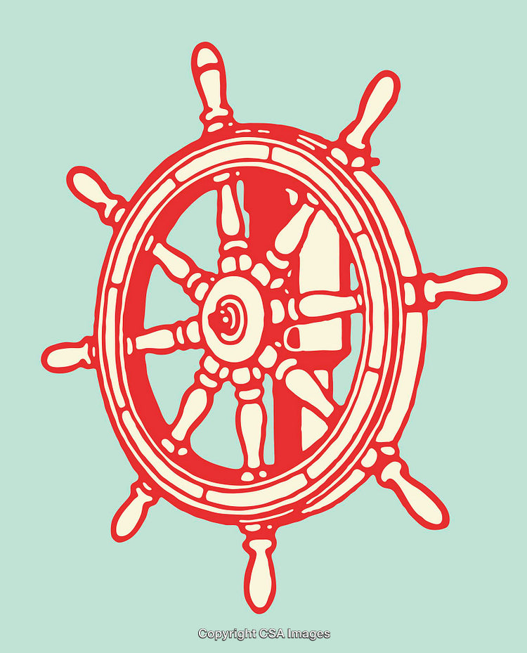 Red Nautical Ship Wheel Illustration on a Pale Green Background