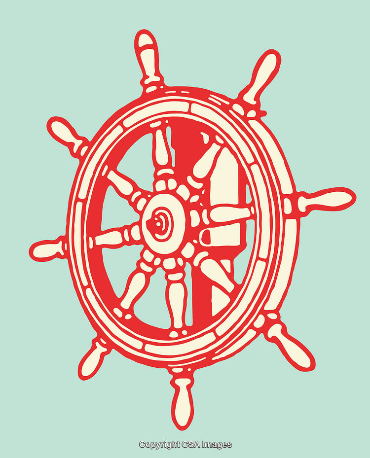 Red Nautical Ship Wheel Illustration on a Pale Green Background