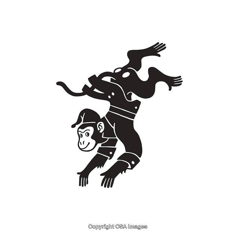 Stylized Monkey Performing Acrobatics in Black and White Illustration