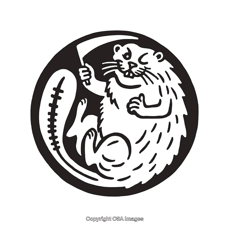 Black and White Line Art Illustration of Beaver Holding a Scythe