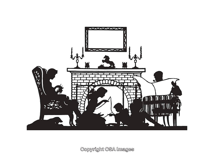 Silhouette Family Scene Relaxing by the Fireplace with Cozy Atmosphere