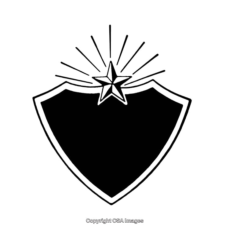 Black and White Shield Crest With Star Symbol and Radiating Lines