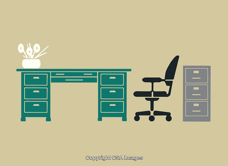 Stylized Office Support Equipment with Desk, Chair, and Filing Cabinet