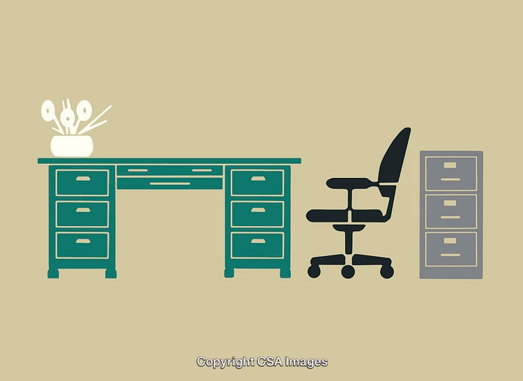 Stylized Office Support Equipment with Desk, Chair, and Filing Cabinet