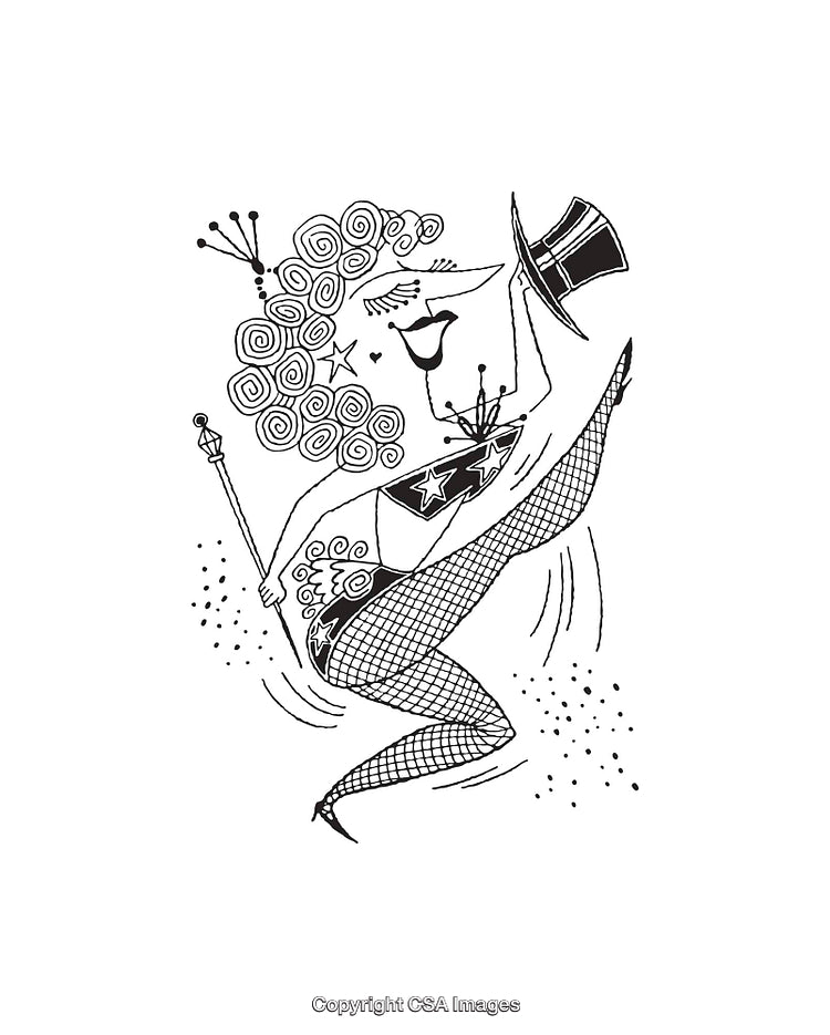 Energetic Showgirl Performing in Black and White Line Art Illustration