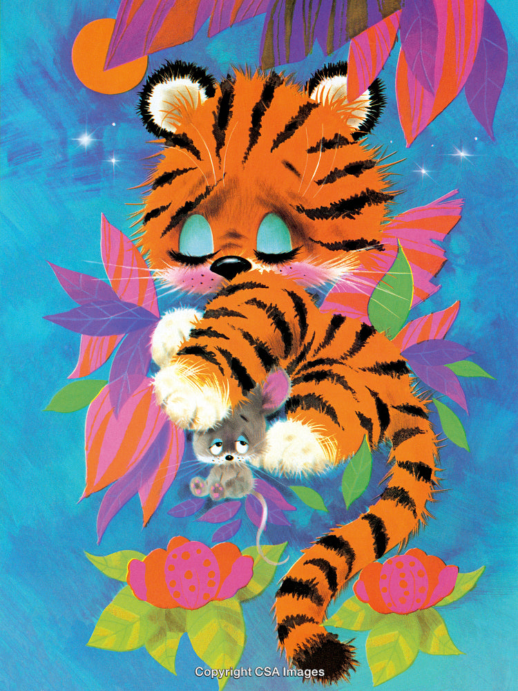 Colorful Illustration of a Cute Tiger Cub Holding a Little Mouse in a Jungle