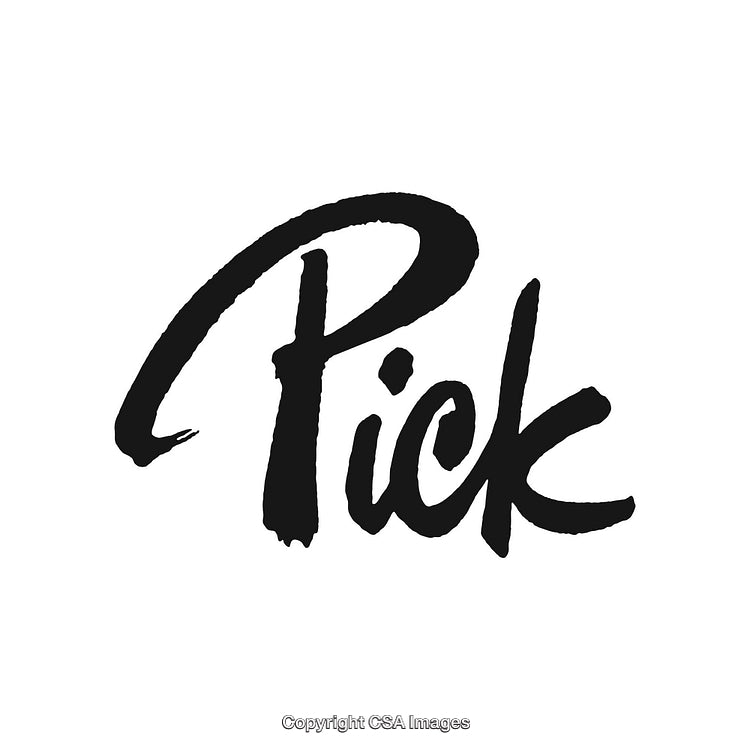 Handwritten Word 'Pick' in Bold Brush Style on White Background