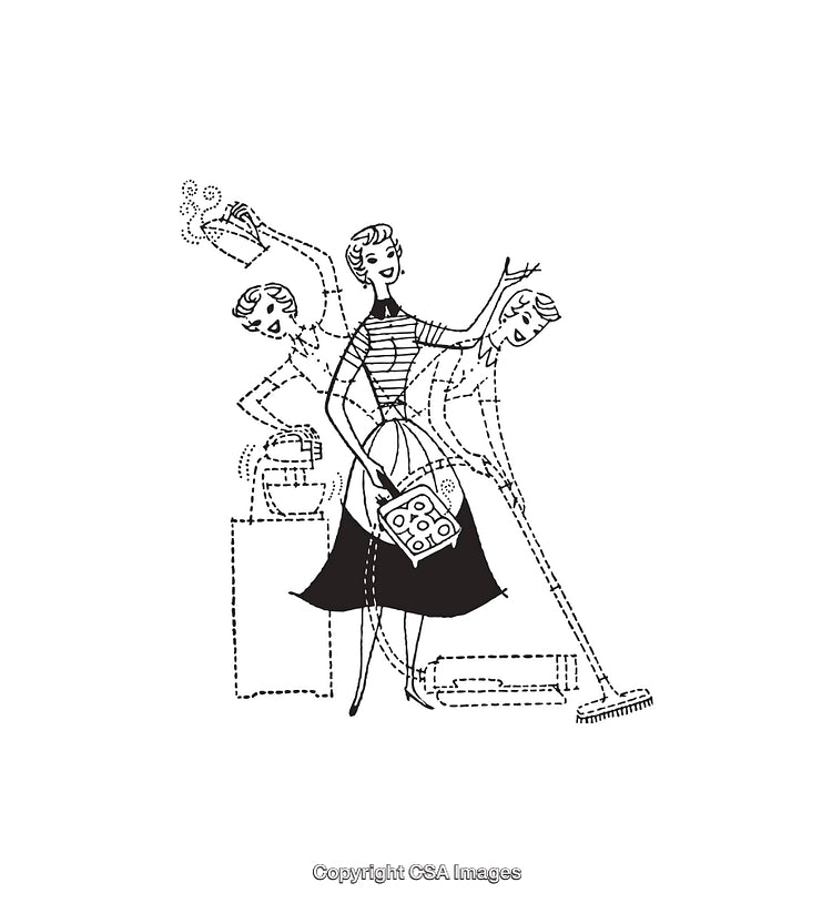 Retro Illustration Depicting Multitasking Housewife Performing Household Chores