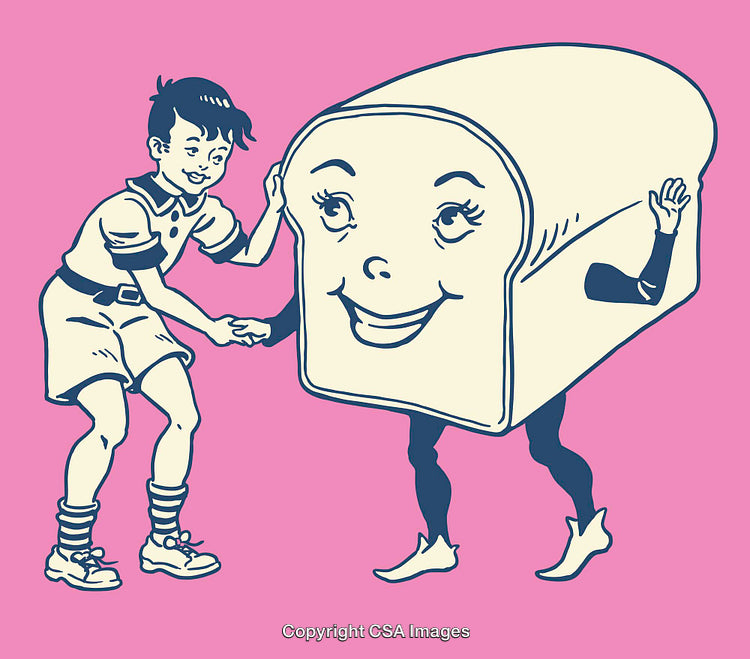 Vintage Styled Illustration Featuring a Boy and Anthropomorphic Bread
