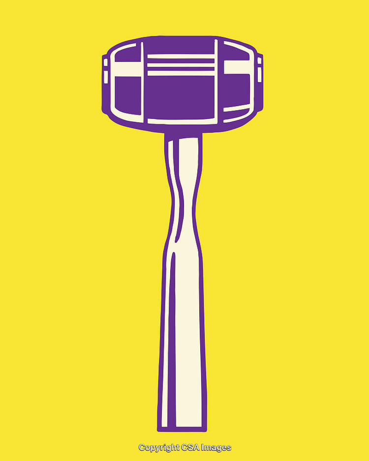 Colorful Line Art Illustration of a Hammer on Yellow Background