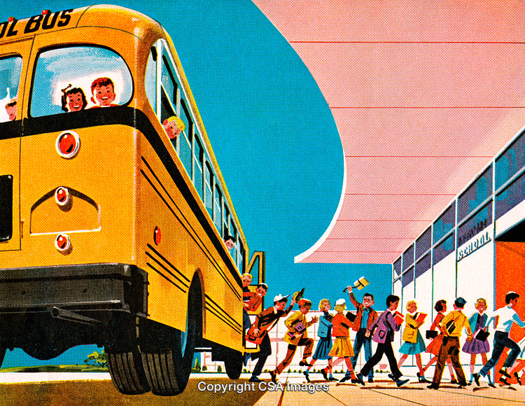Vibrant School Scene with Children Boarding a Cheerful Yellow School Bus