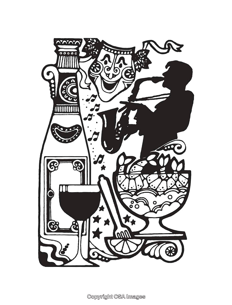 Black and White Line Art of Festive Celebration with Music and Drinks