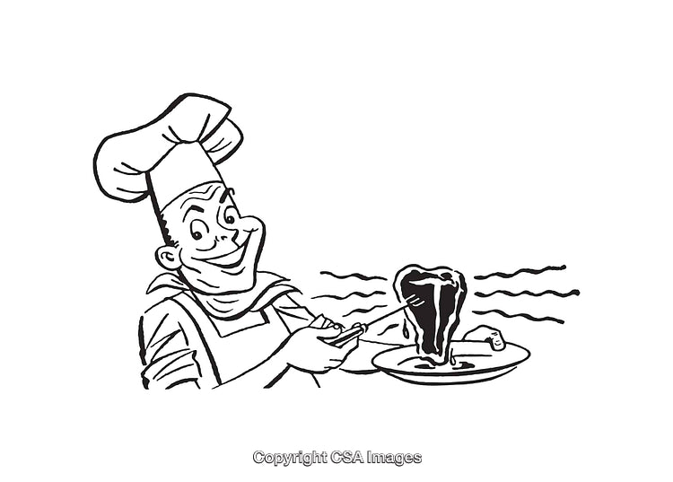 Smiling Chef Holding a Knife and Plate with a Delicious Steak