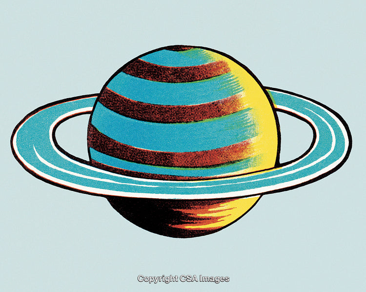 Stylized Illustration of a Planet with Rings in a Retro Art Style