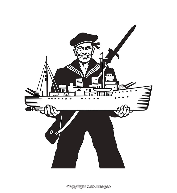 Vintage Line Art of a Sailor Holding a Warship Model