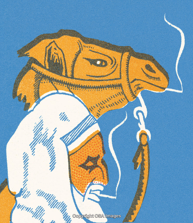 Colorful Illustration of Man and Camel with Blue Background