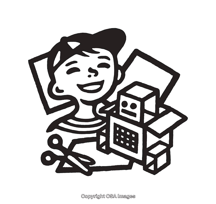 Black And White Line Art Featuring a Smiling Child With Craft Supplies