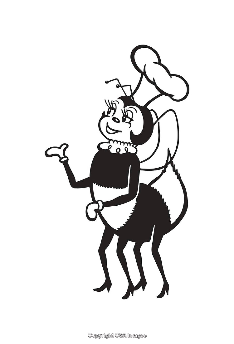 Black and White Line Art of a Happy Bee Cartoon Character