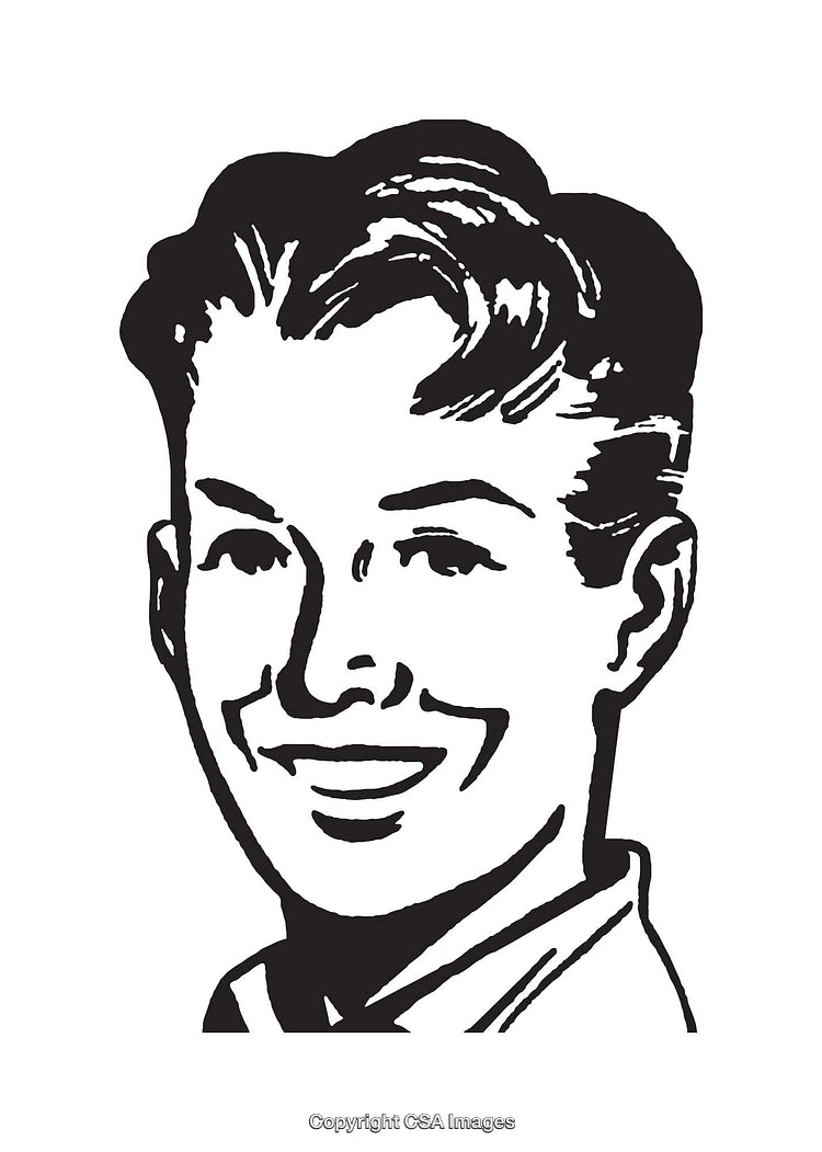 Vintage Style Line Art Illustration of a Smiling Boy