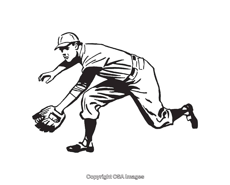 Illustration of Baseball Player in Fielding Position, Black and White Art