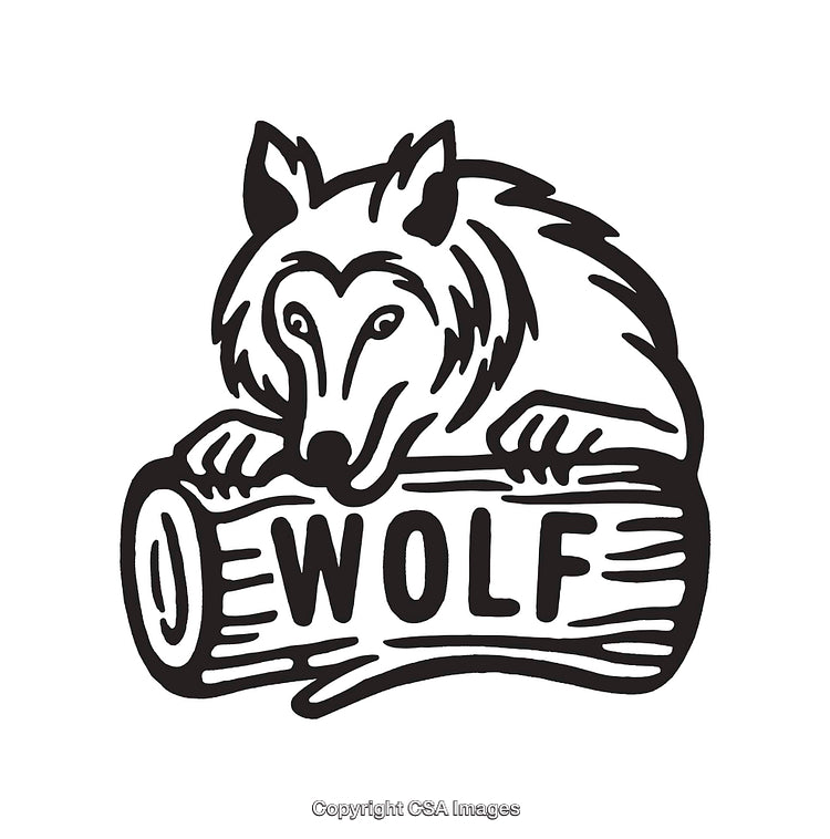 Black and White Line Art Illustration of a Wolf on a Wooden Log