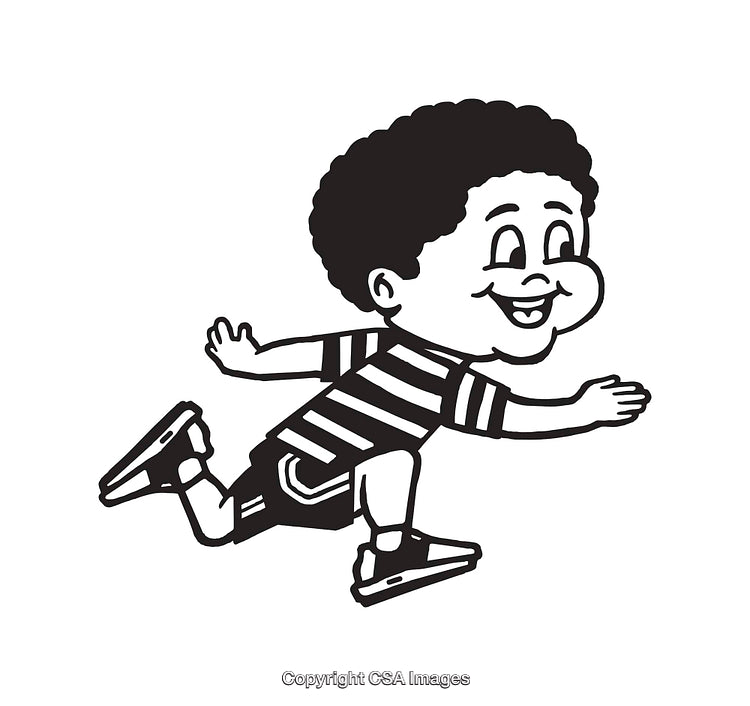 Black and White Line Art Illustration of a Happy Running Child