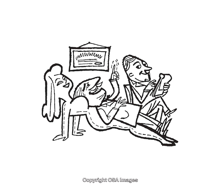Black and White Line Art of Three People Relaxing with a Certification on Wall